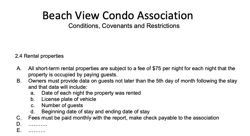 Example of HOA fees charged for short-term rentals